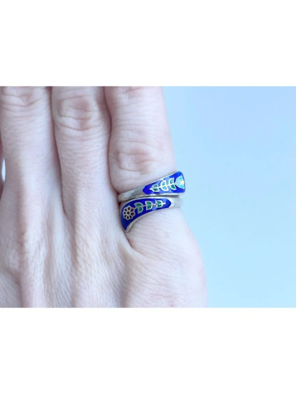 Cloissone Enameled Floral Made Wrap Sterling Silver 925 Vintage Ring - sz 4